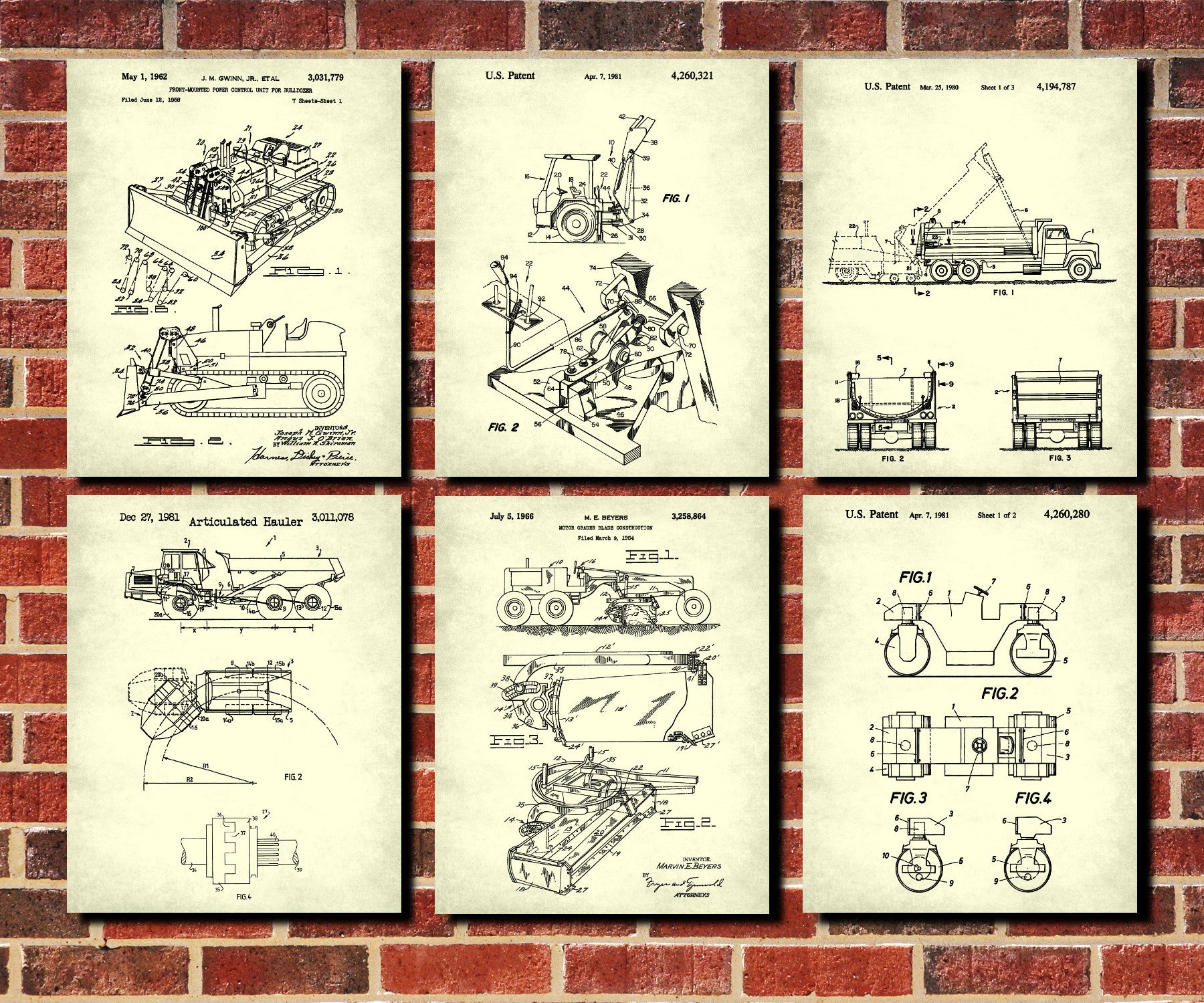 Construction Vehicle Posters, Set 6 Mining Patent Prints