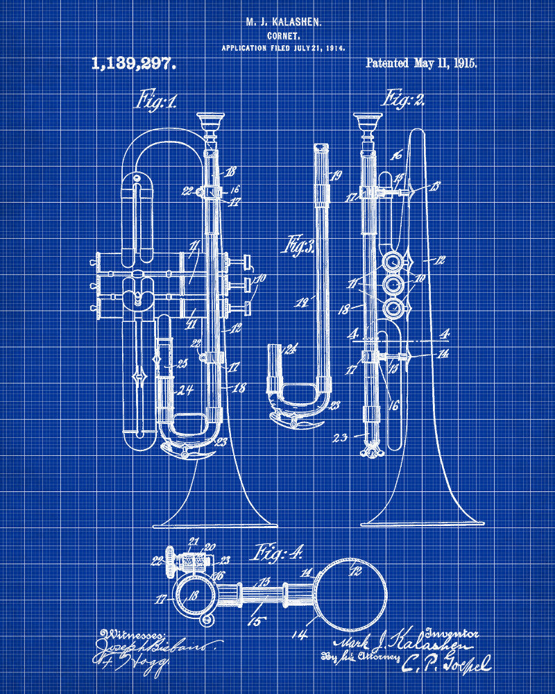 Cornet Patent Print Orchestral Musical Instrument Wall Art Poster