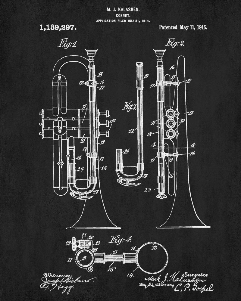 Cornet Patent Print Orchestral Musical Instrument Wall Art Poster