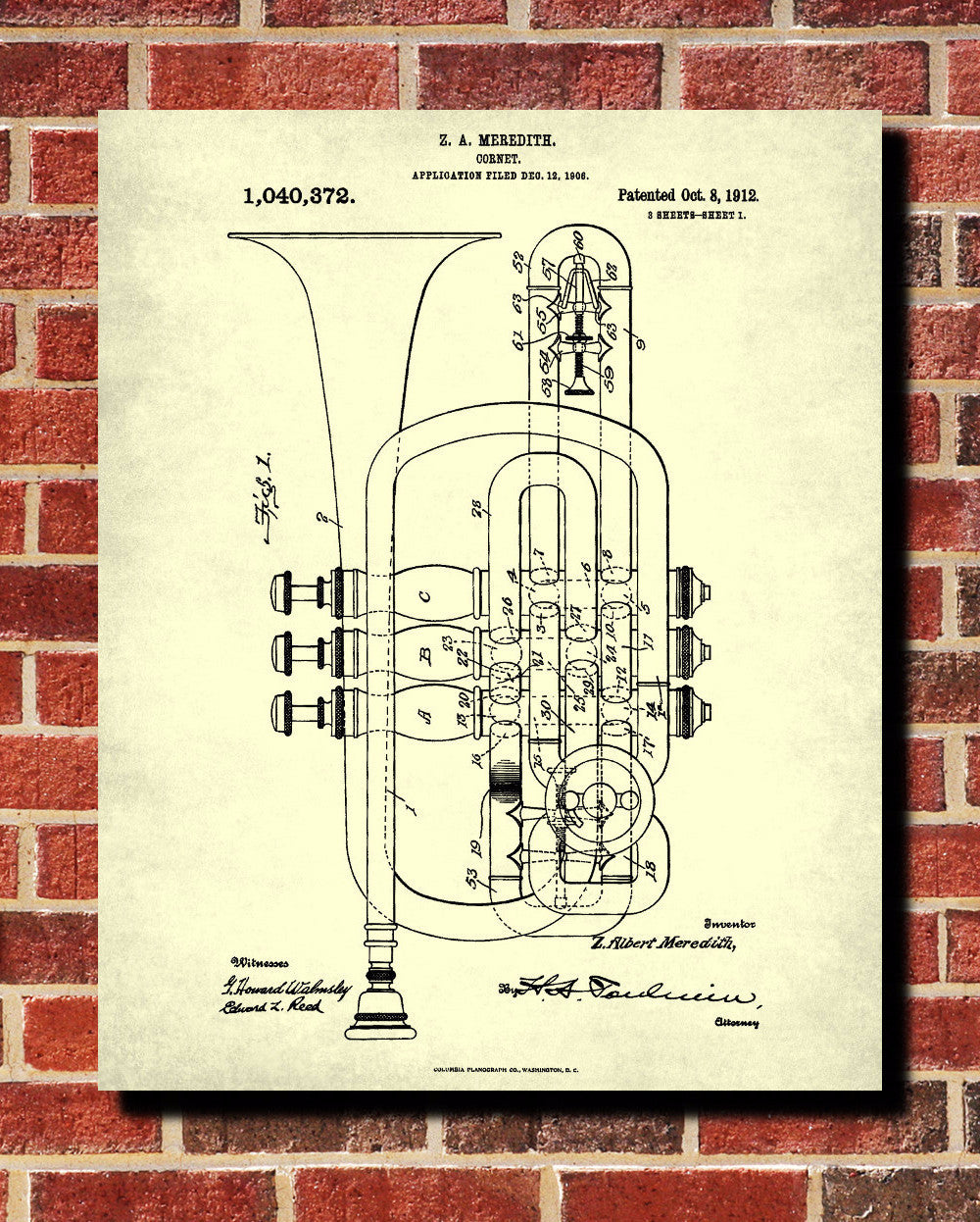 Cornet Patent Print Orchestral Musical Instrument Wall Art Poster