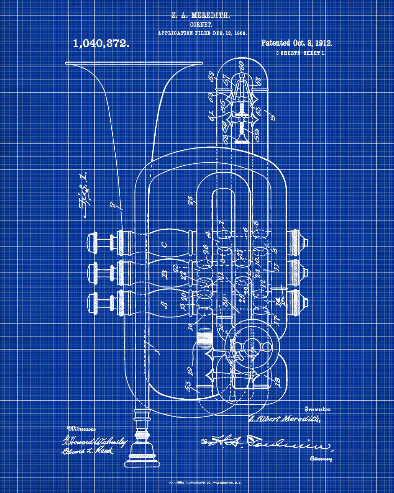 Cornet Patent Print Orchestral Musical Instrument Wall Art Poster