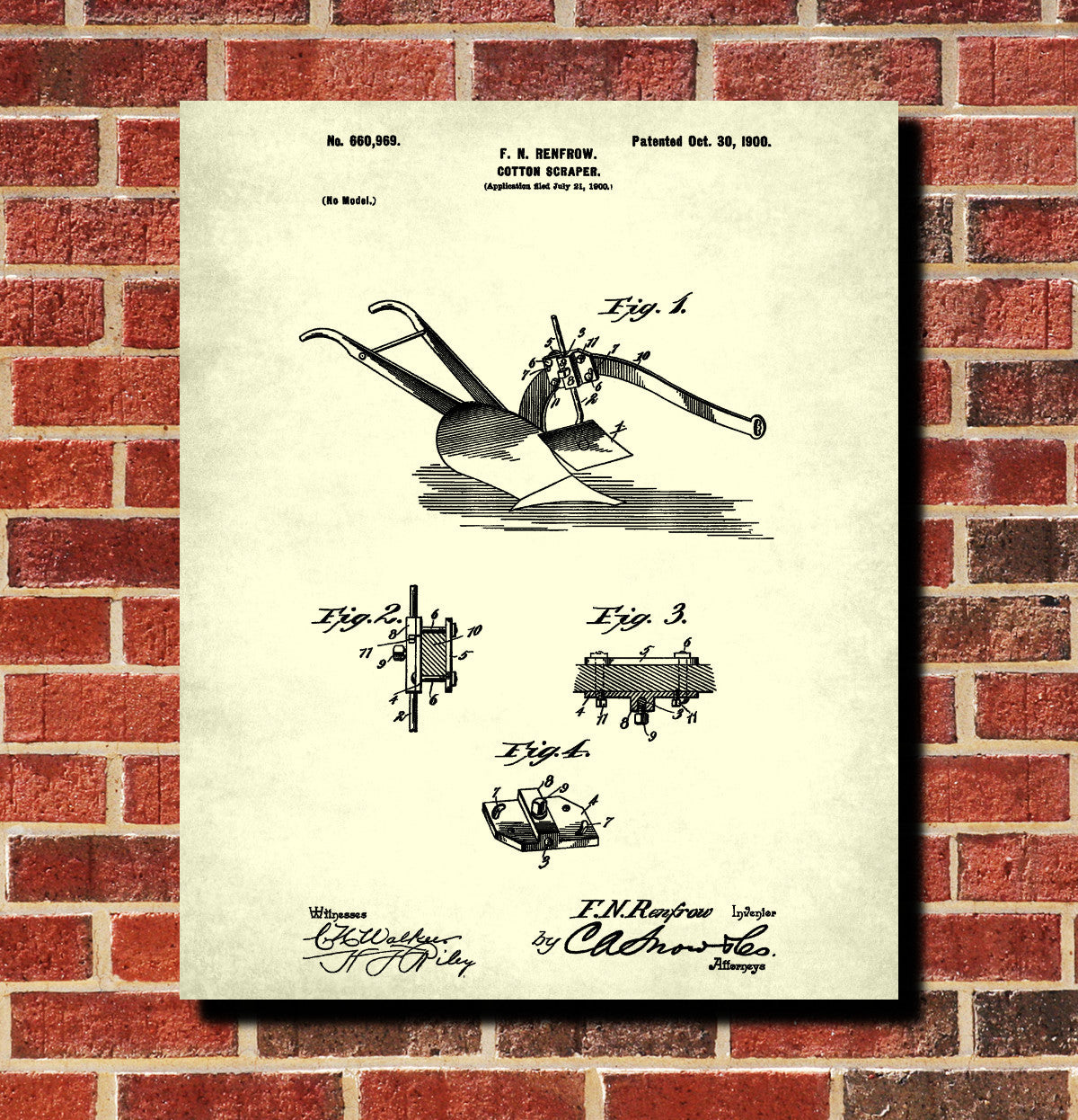 Farm Equipment Patent Print, Cotton Scraper Blueprint