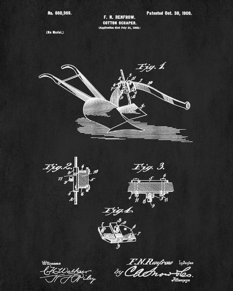 Farm Equipment Patent Print, Cotton Scraper Blueprint