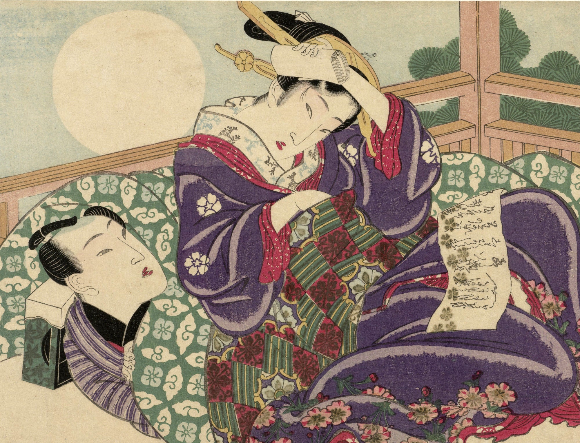 Keisai Eisen, Japanese Art Print : Couple in Full Moon
