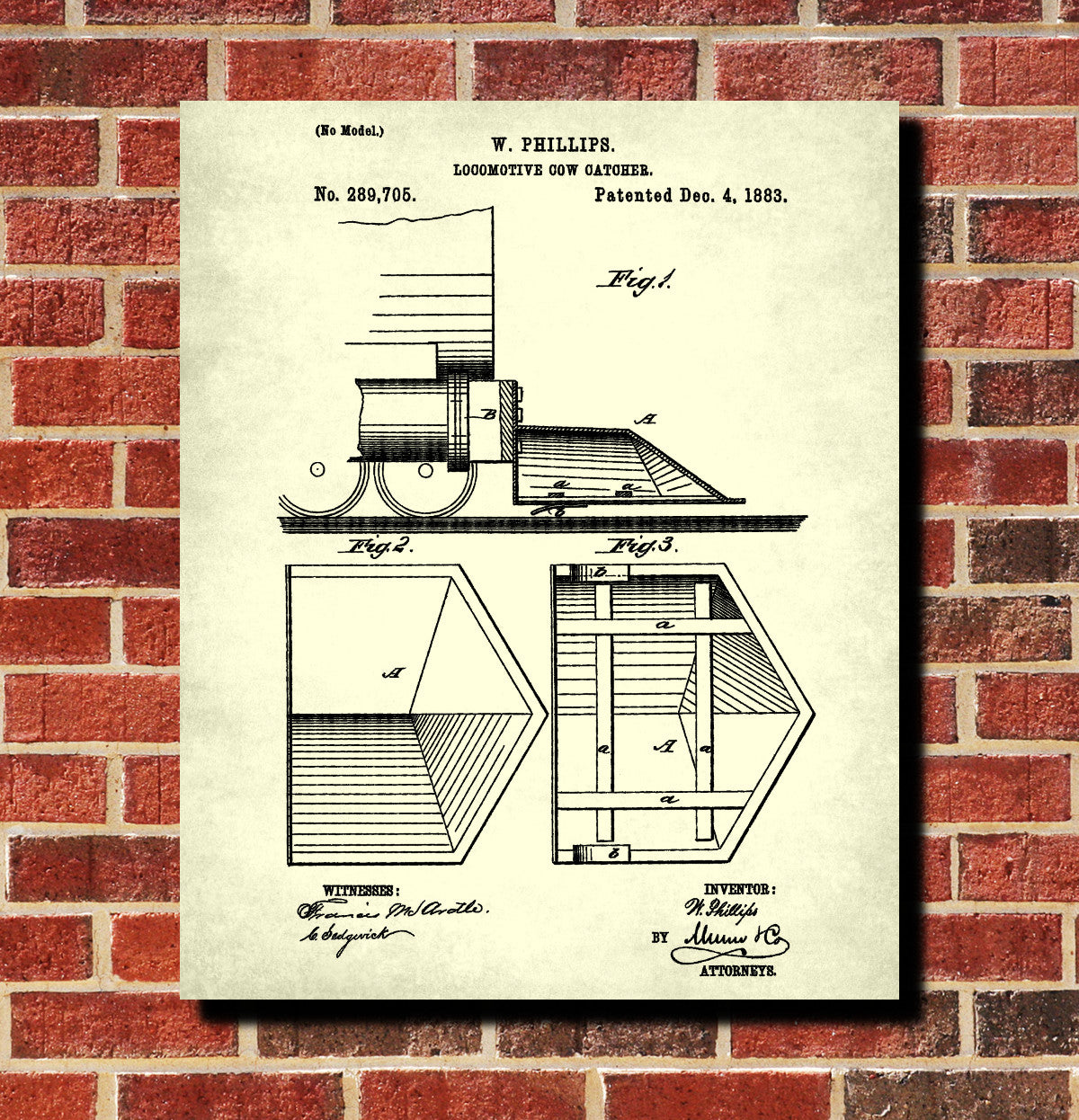 Locomotive Cow Catcher Patent Print Steam Train Poster Salon Wall Art