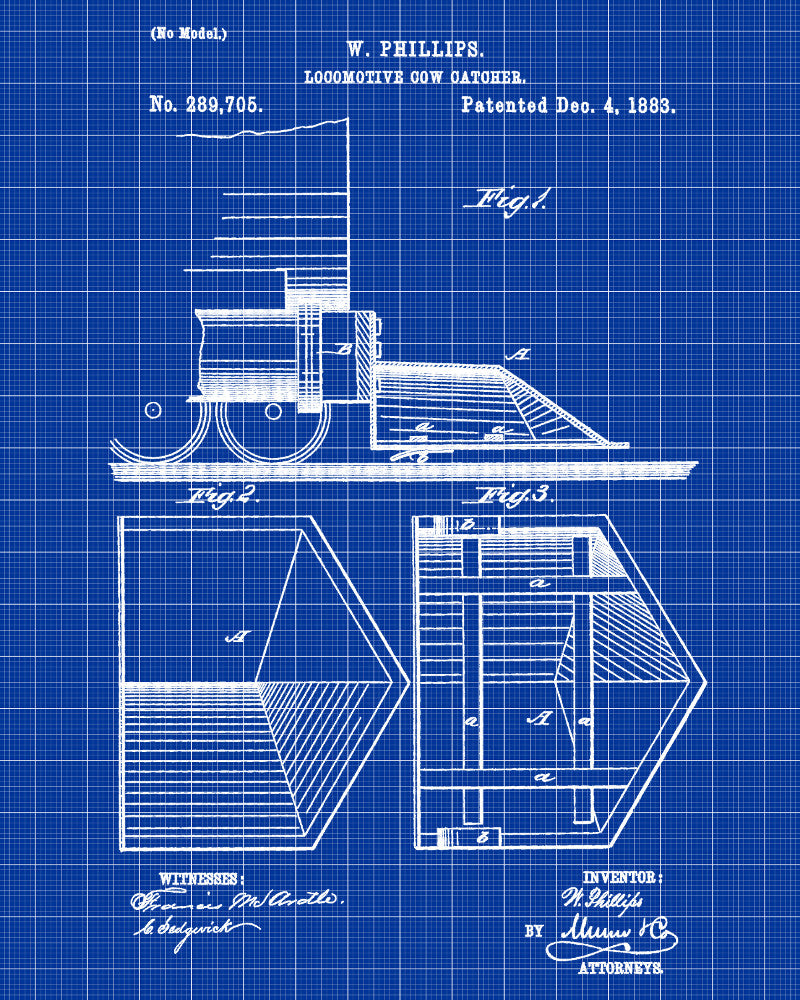 Locomotive Cow Catcher Patent Print Steam Train Poster Salon Wall Art