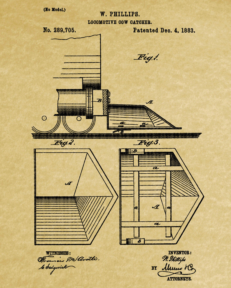 Locomotive Cow Catcher Patent Print Steam Train Poster Salon Wall Art