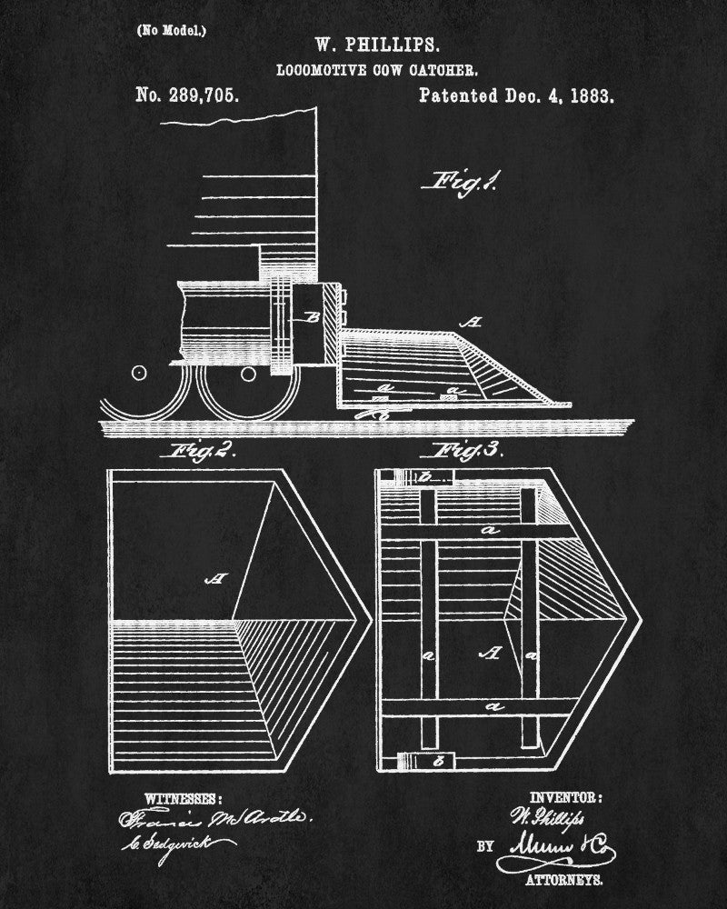 Locomotive Cow Catcher Patent Print Steam Train Poster Salon Wall Art