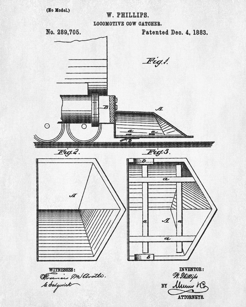 Locomotive Cow Catcher Patent Print Steam Train Poster Salon Wall Art