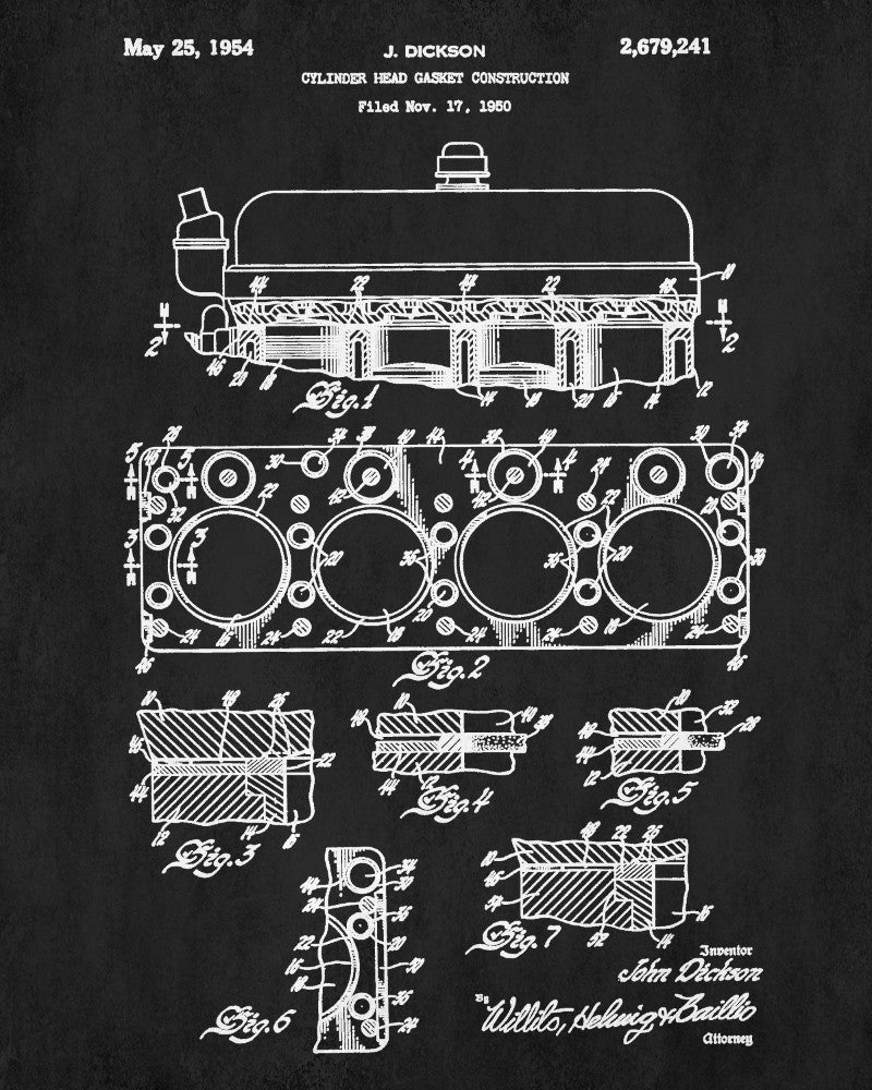 Engine Blueprint Cylinder Head Gasket Car Patent Print Garage Poster
