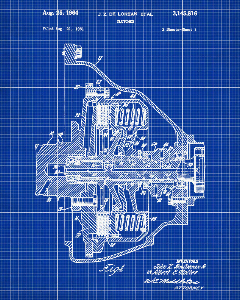 De Lorean Blueprint Car Clutch Patent Print - OnTrendAndFab