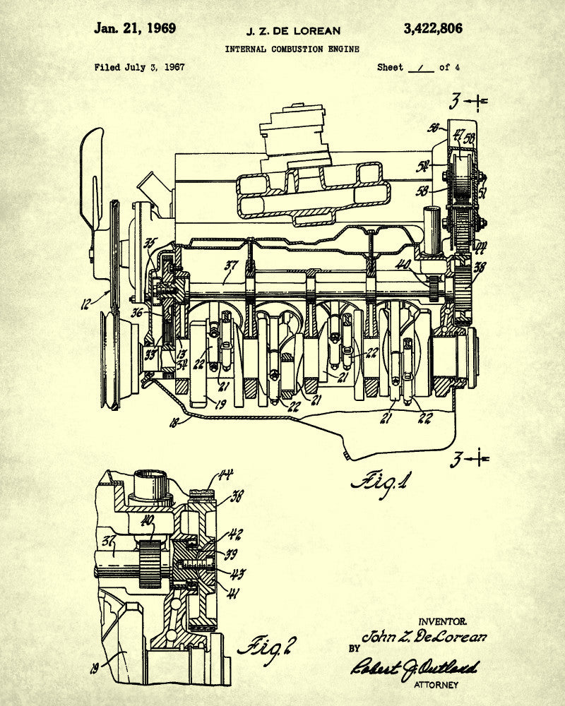 De Lorean Blueprint Automotive Car Engine Patent Print - OnTrendAndFab