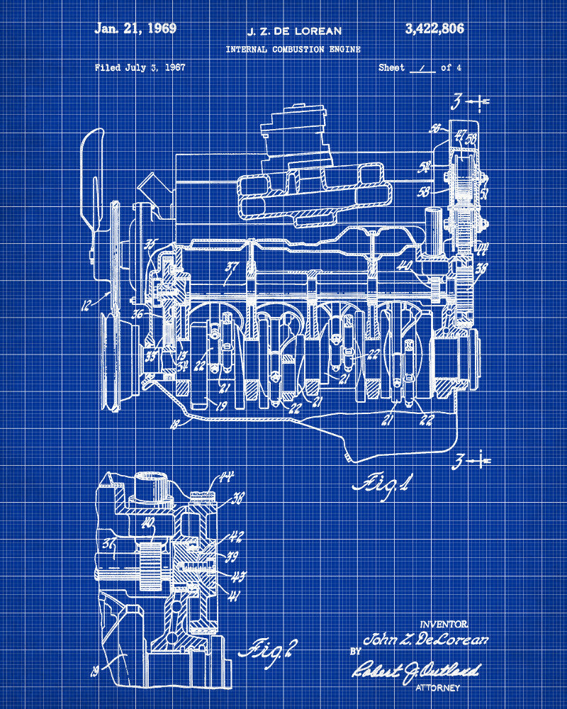 De Lorean Blueprint Automotive Car Engine Patent Print - OnTrendAndFab