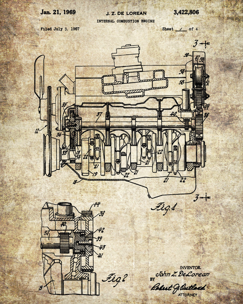 De Lorean Blueprint Automotive Car Engine Patent Print - OnTrendAndFab