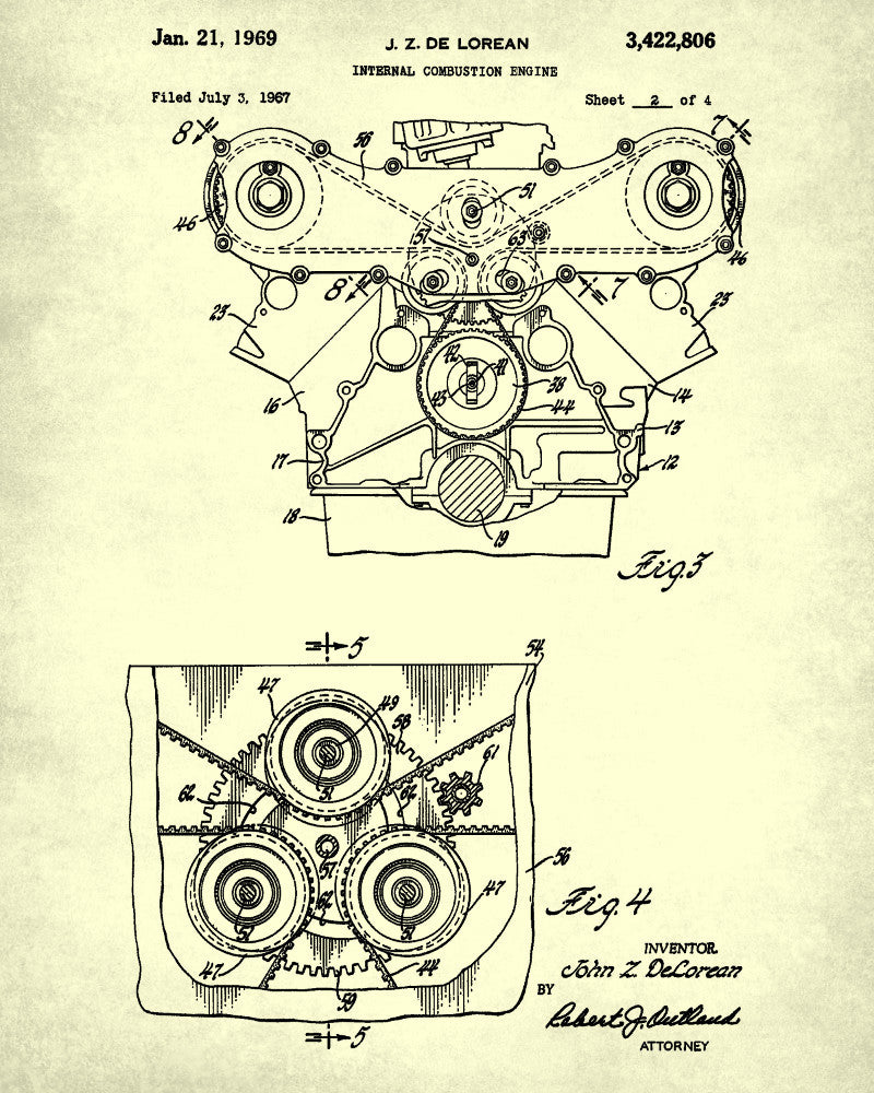 De Lorean Blueprint Car Engine Automotive Patent Print - OnTrendAndFab