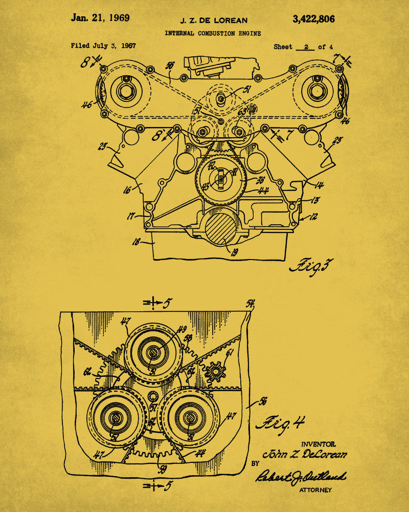 De Lorean Blueprint Car Engine Automotive Patent Print - OnTrendAndFab