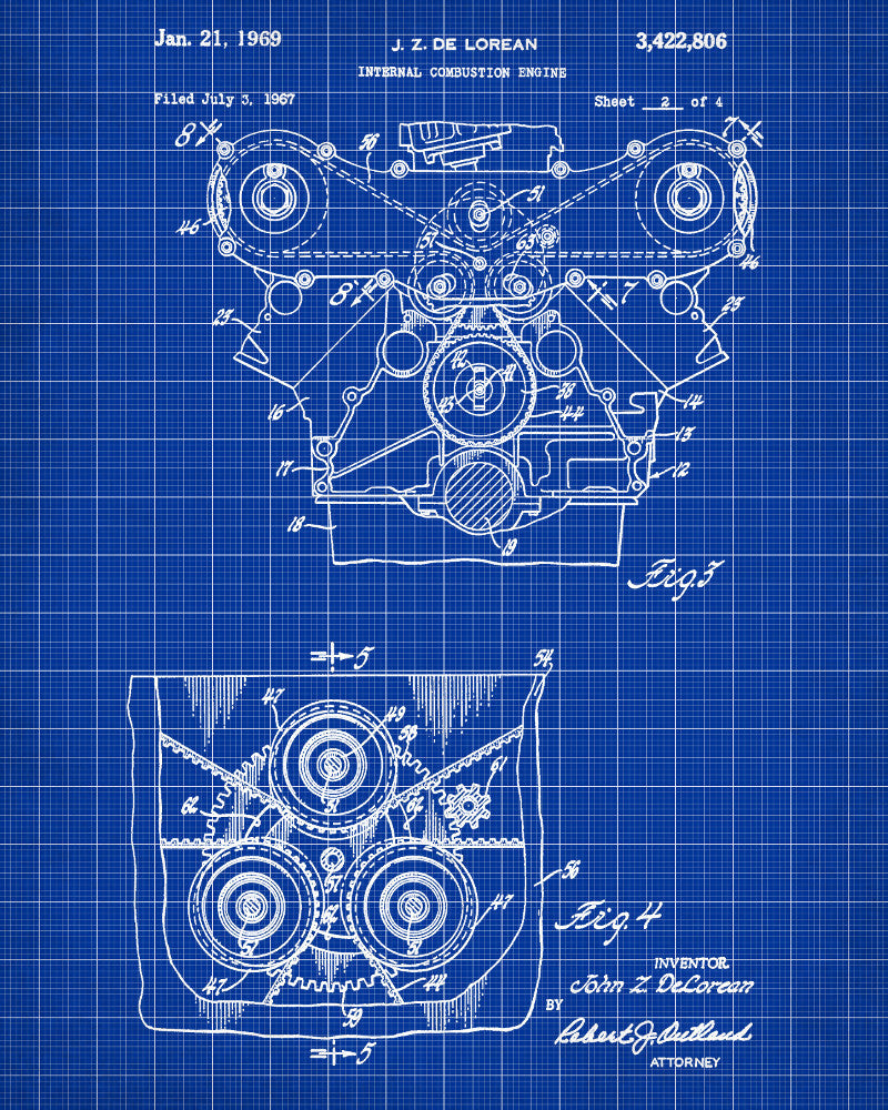 De Lorean Blueprint Car Engine Automotive Patent Print - OnTrendAndFab