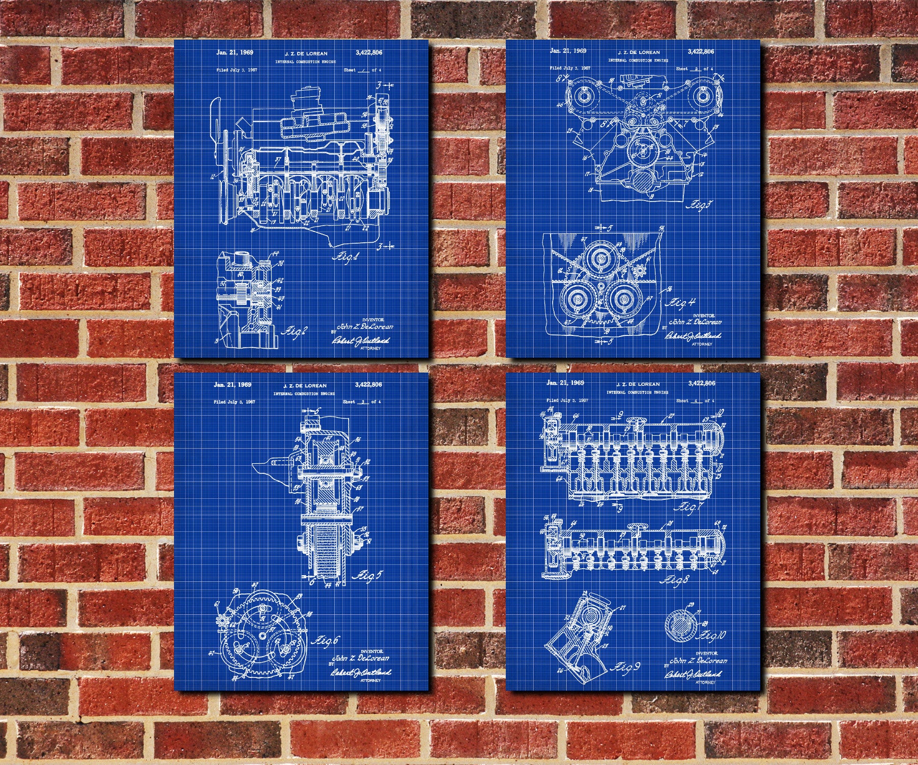 DeLorean Engine Blueprints Set 4 Patent Prints - OnTrendAndFab