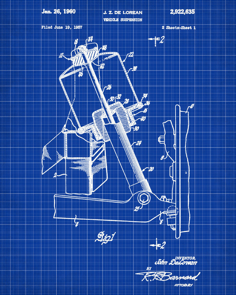 DeLorean Blueprint Car Suspension Patent Print - OnTrendAndFab