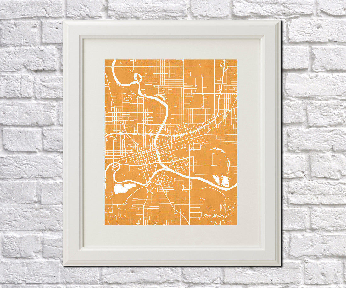 Des Moines City Street Map Print Modern Feature Wall Art Poster