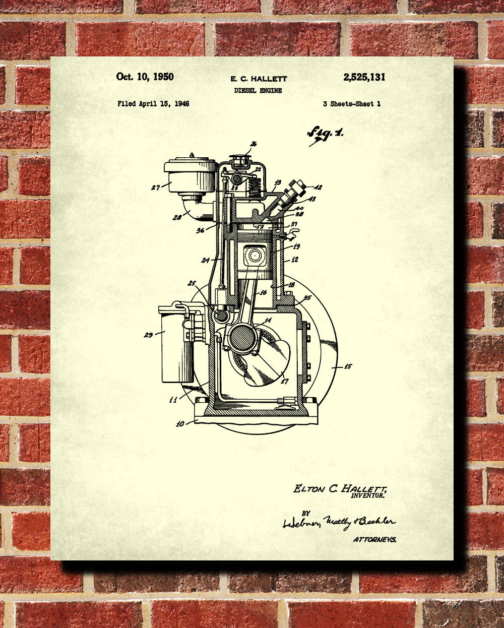 Diesel Engine Patent Print Garage Poster Workshop Blueprint