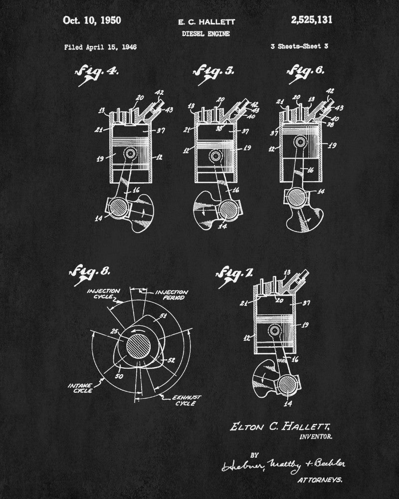 Diesel Engine Blueprint Garage Patent Print Workshop Poster