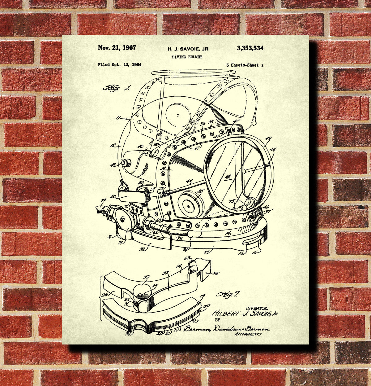 Diving Helmet Patent Print Dive Blueprint Marine Poster