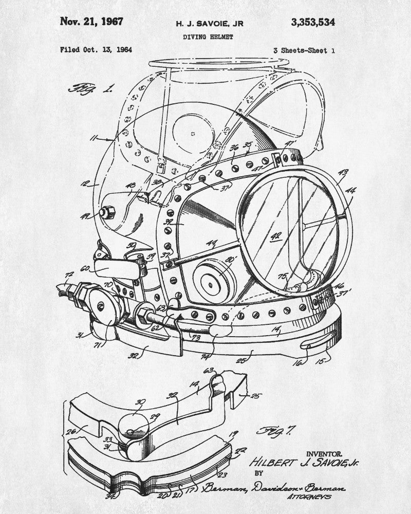 Diving Helmet Patent Print Dive Blueprint Marine Poster
