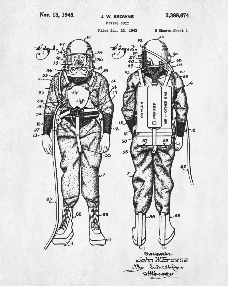 Dive Suit Patent Print Diving Blueprint Marine Poster