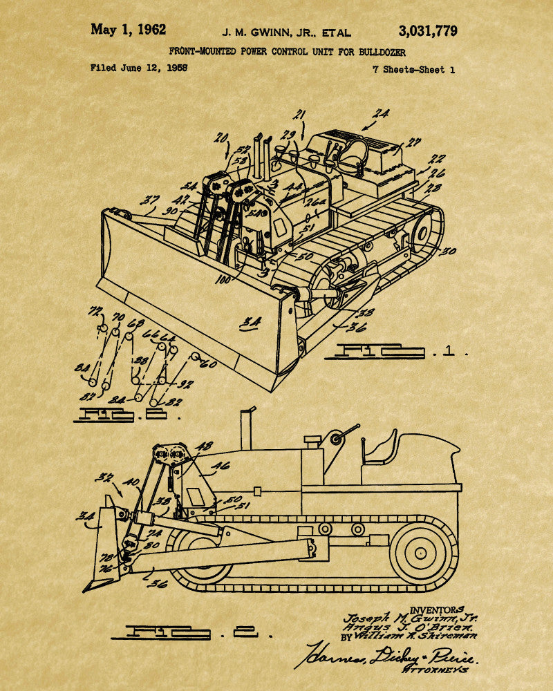 Bulldozer Patent Print Construction Blueprint Gold Rush Poster