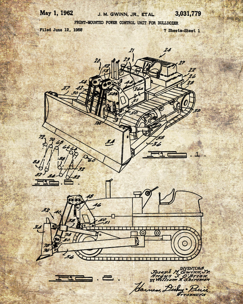 Bulldozer Patent Print Construction Blueprint Gold Rush Poster