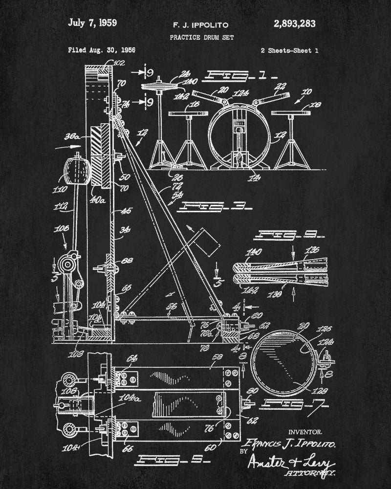 Drum Set Blueprint Drumming Patent Print Music Poster