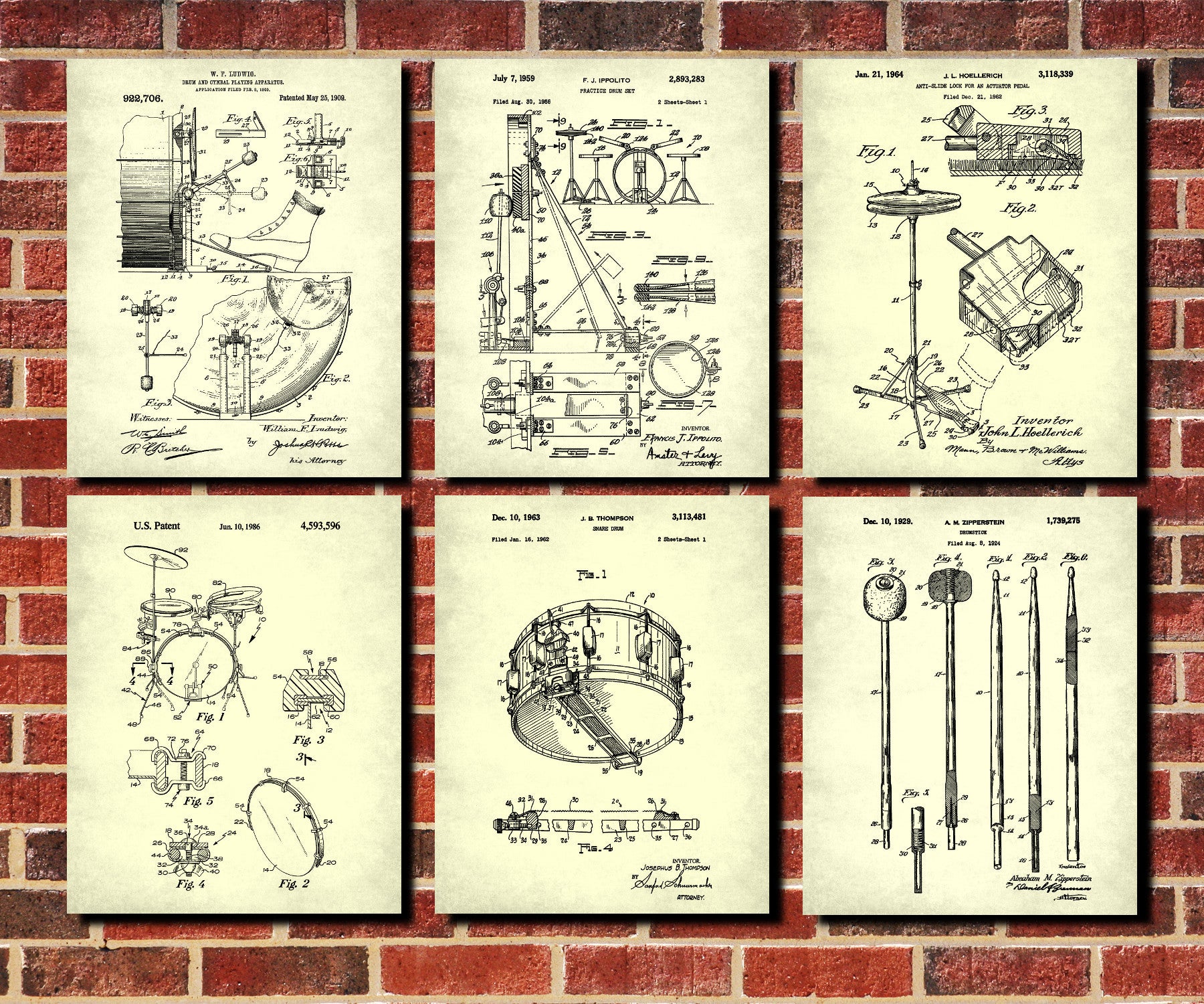 Drumming Patent Prints Set 6 Drums Blueprint Drummer Poster