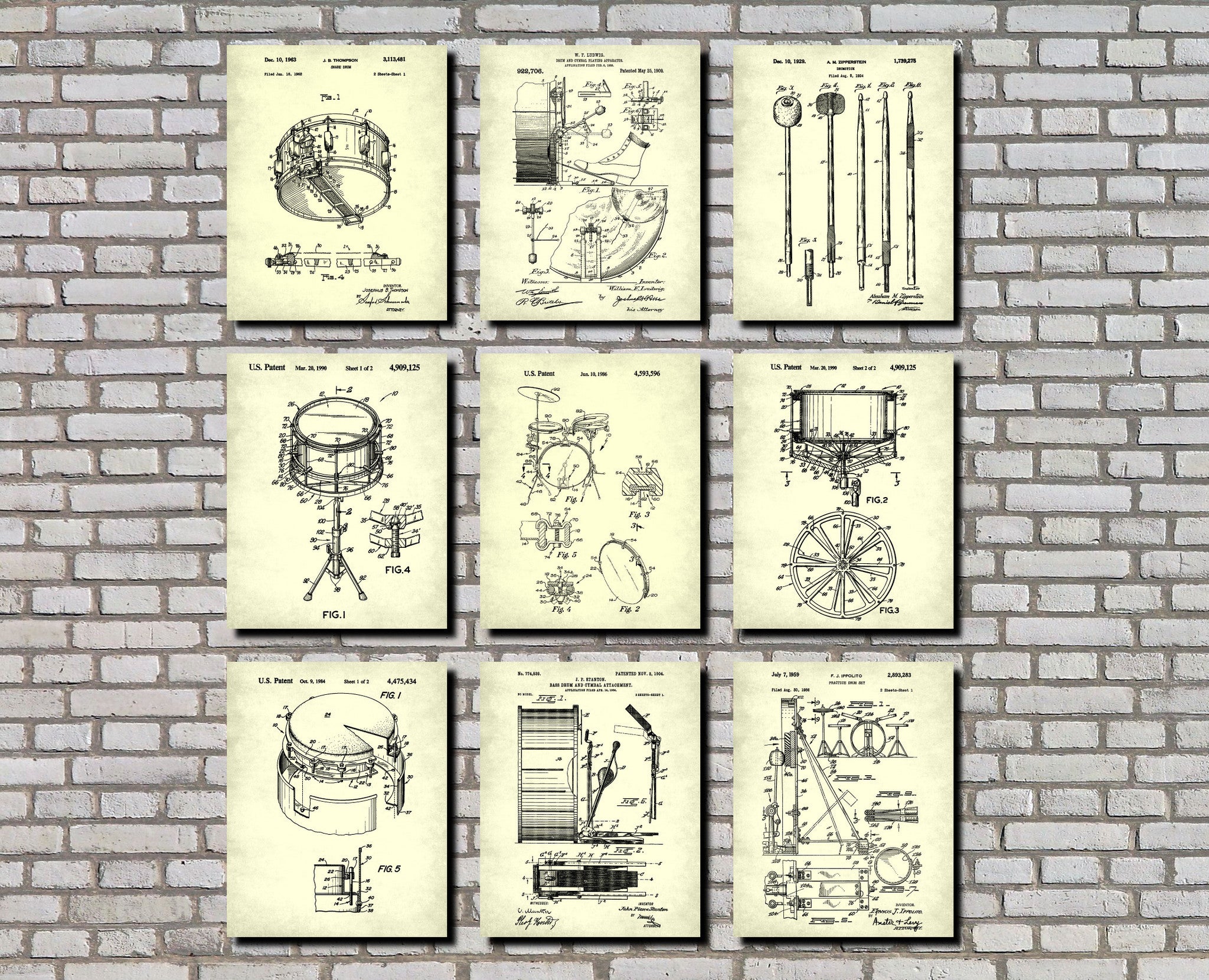 Drums Patent Prints Set of 9 Drum Blueprints Music Posters