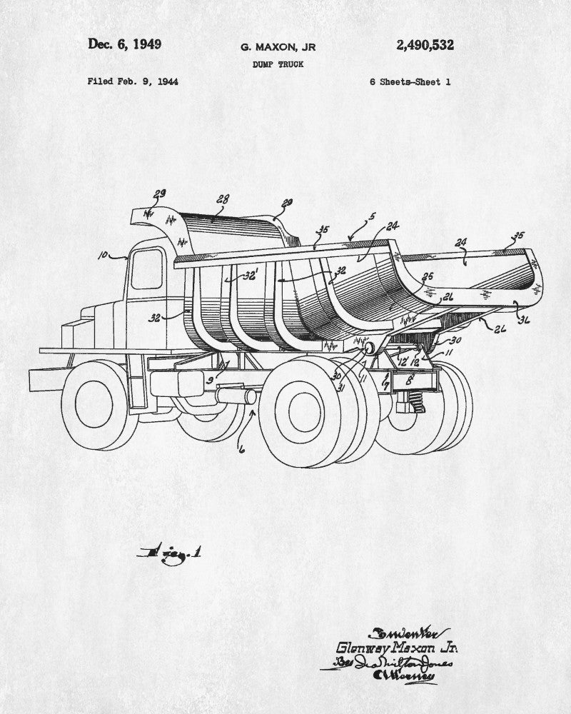 Dumper Truck Blueprint Construction Patent Print Poster