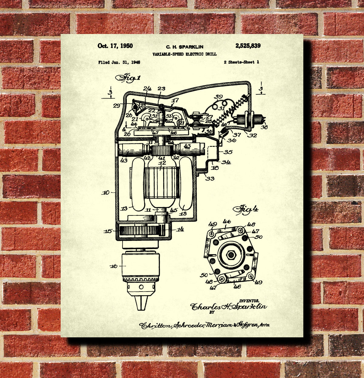 Electric Drill Blueprint Power Tools Patent Workshop Art