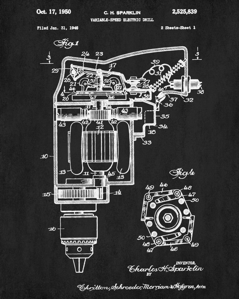 Electric Drill Blueprint Power Tools Patent Workshop Art