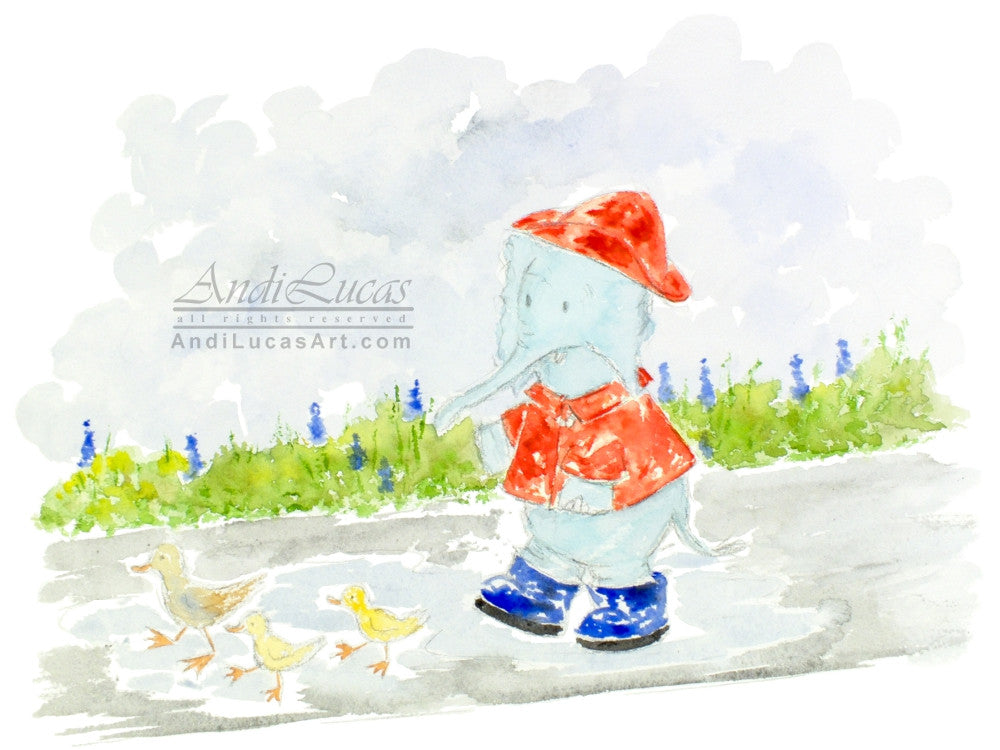 Elephant & Ducks Cute Children's Nursery Wall Art Print