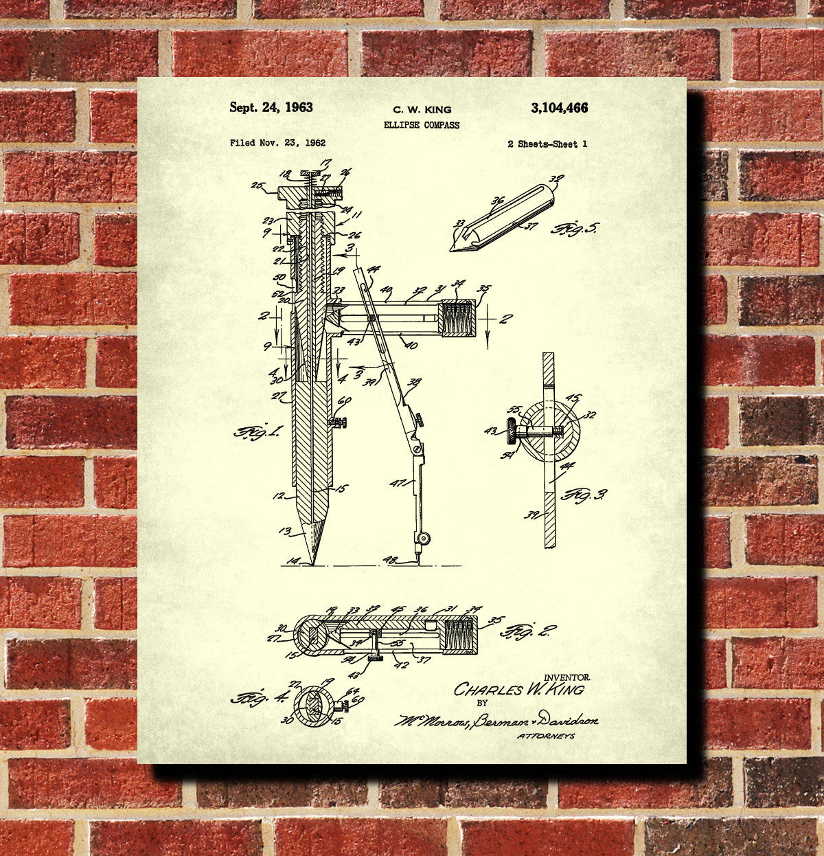 Ellipse Compass Patent Print Mathematical Drawing Poster