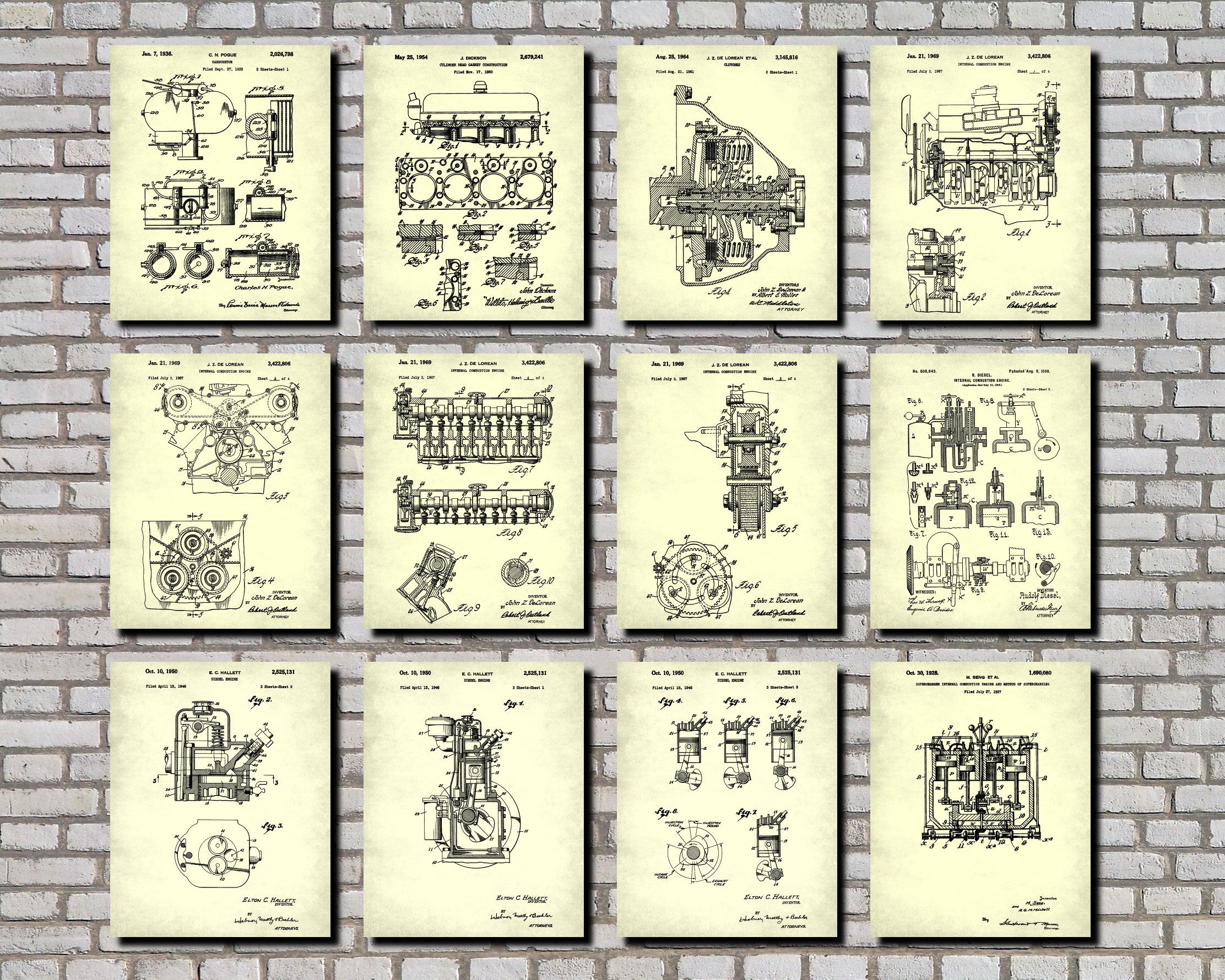 Engine Patent Prints Set 12 Motoring Posters Mechanic Gift