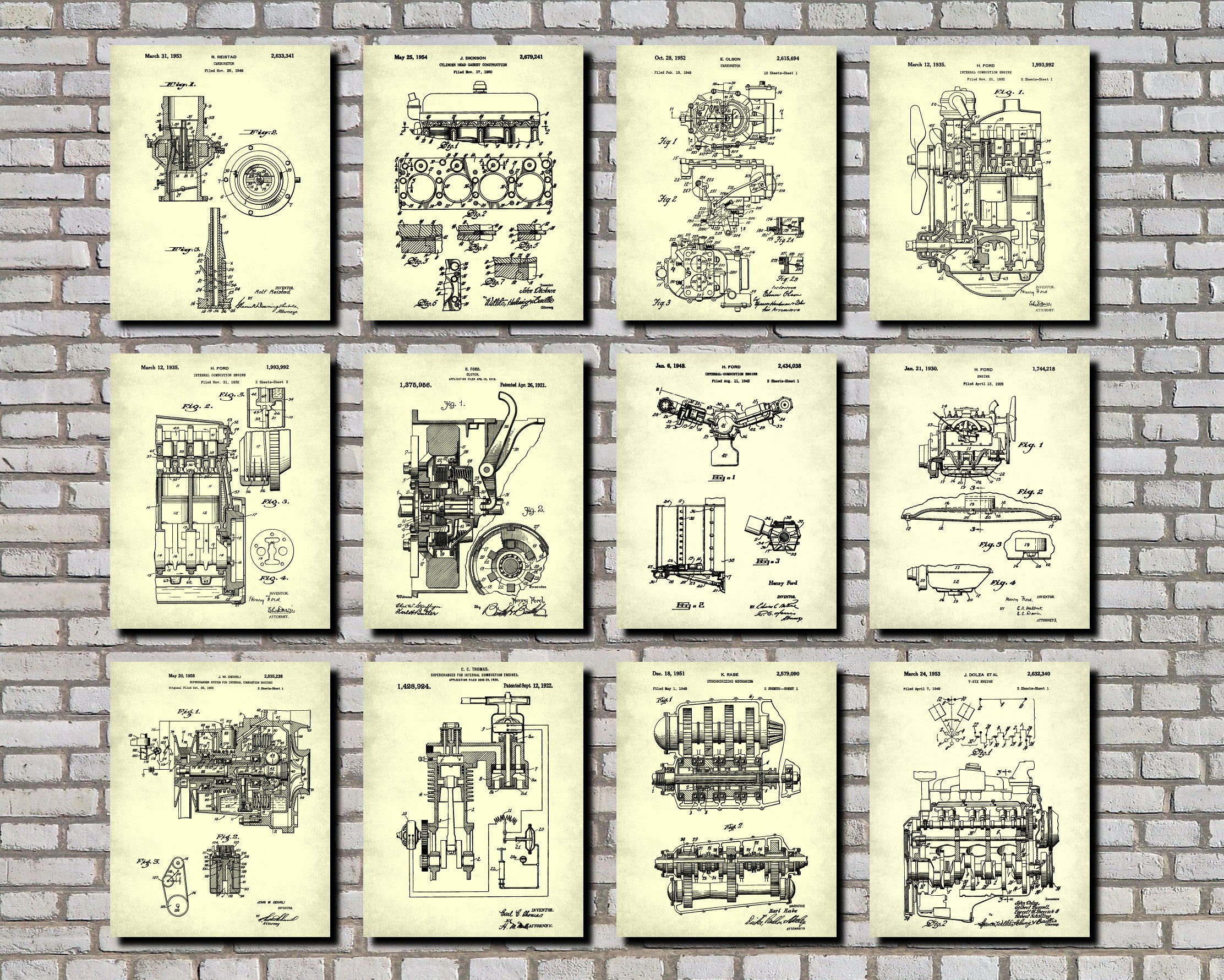 Engine Patent Prints Set 12 Motoring Posters Mechanic Gift