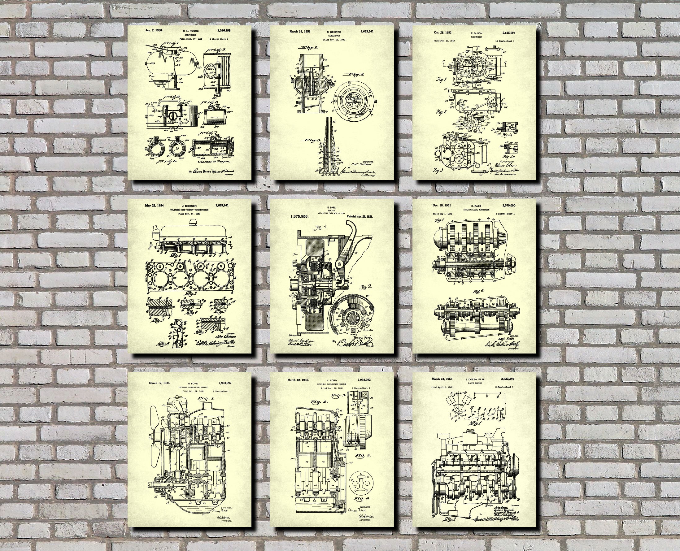 Engine Patent Prints Set 9 Motoring Posters Mechanic Gift