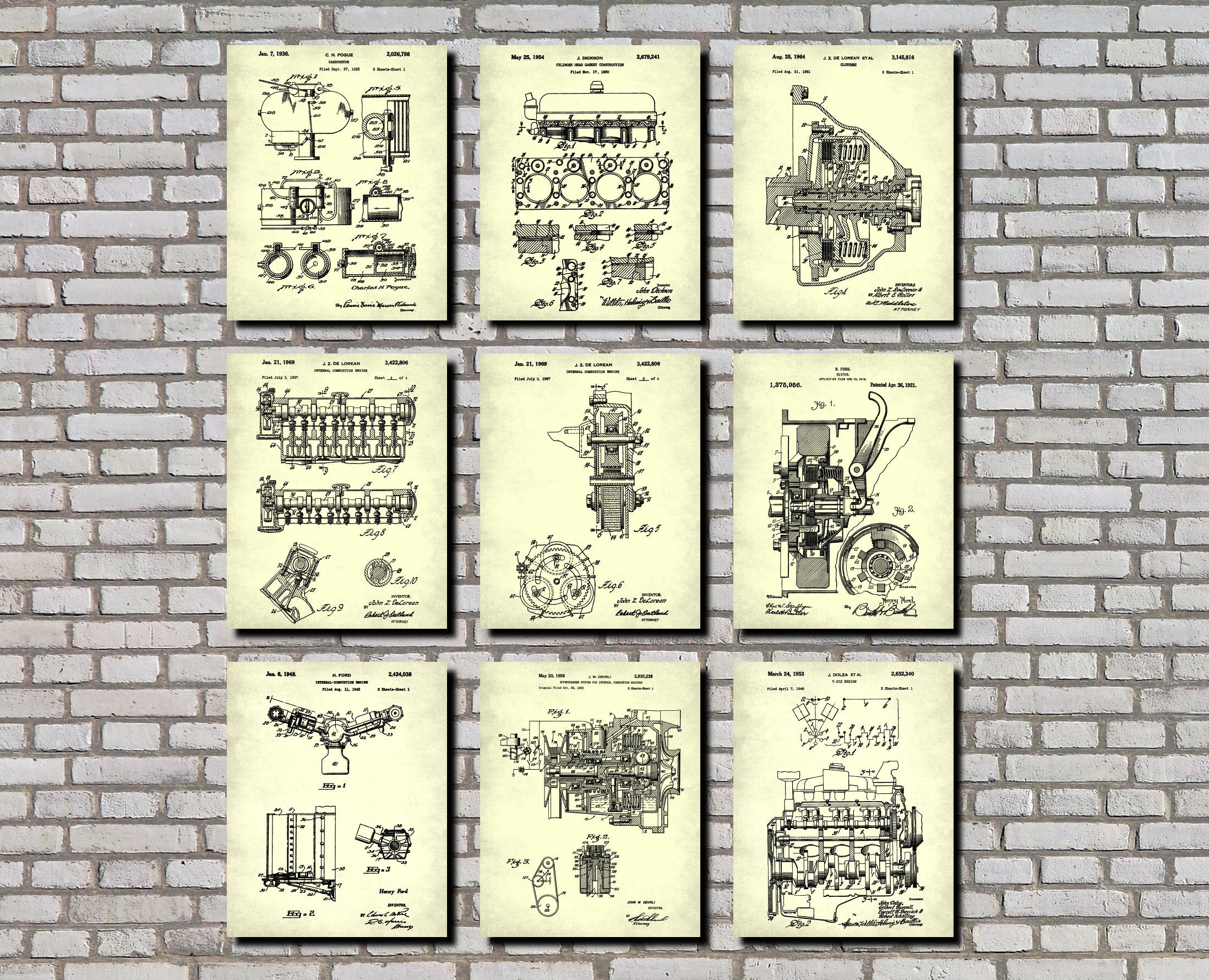 Engine Patent Prints Set 9 Motoring Posters Mechanic Gift
