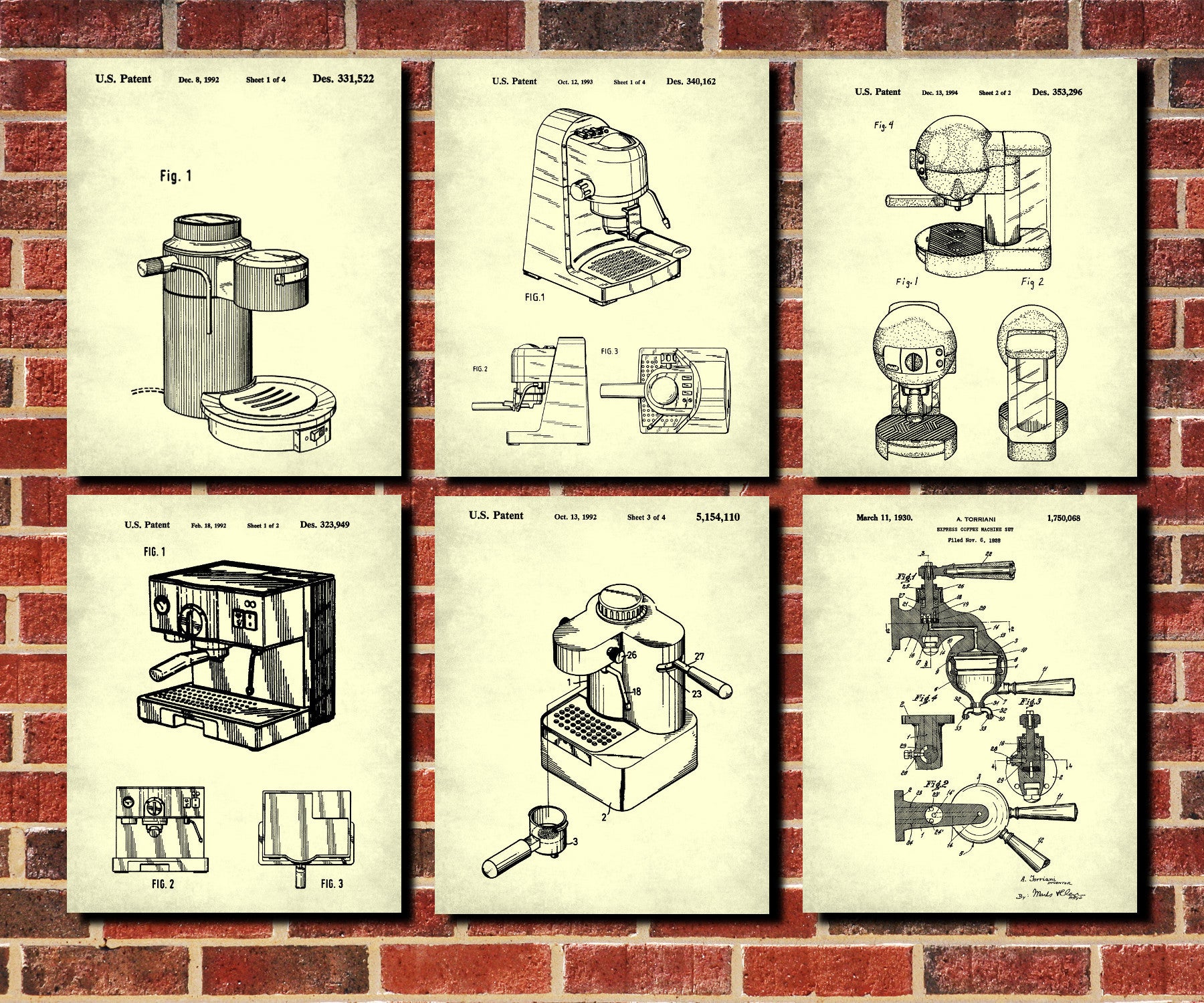 Espresso Patent Prints Set 6 Coffee Posters Cafe Wall Art