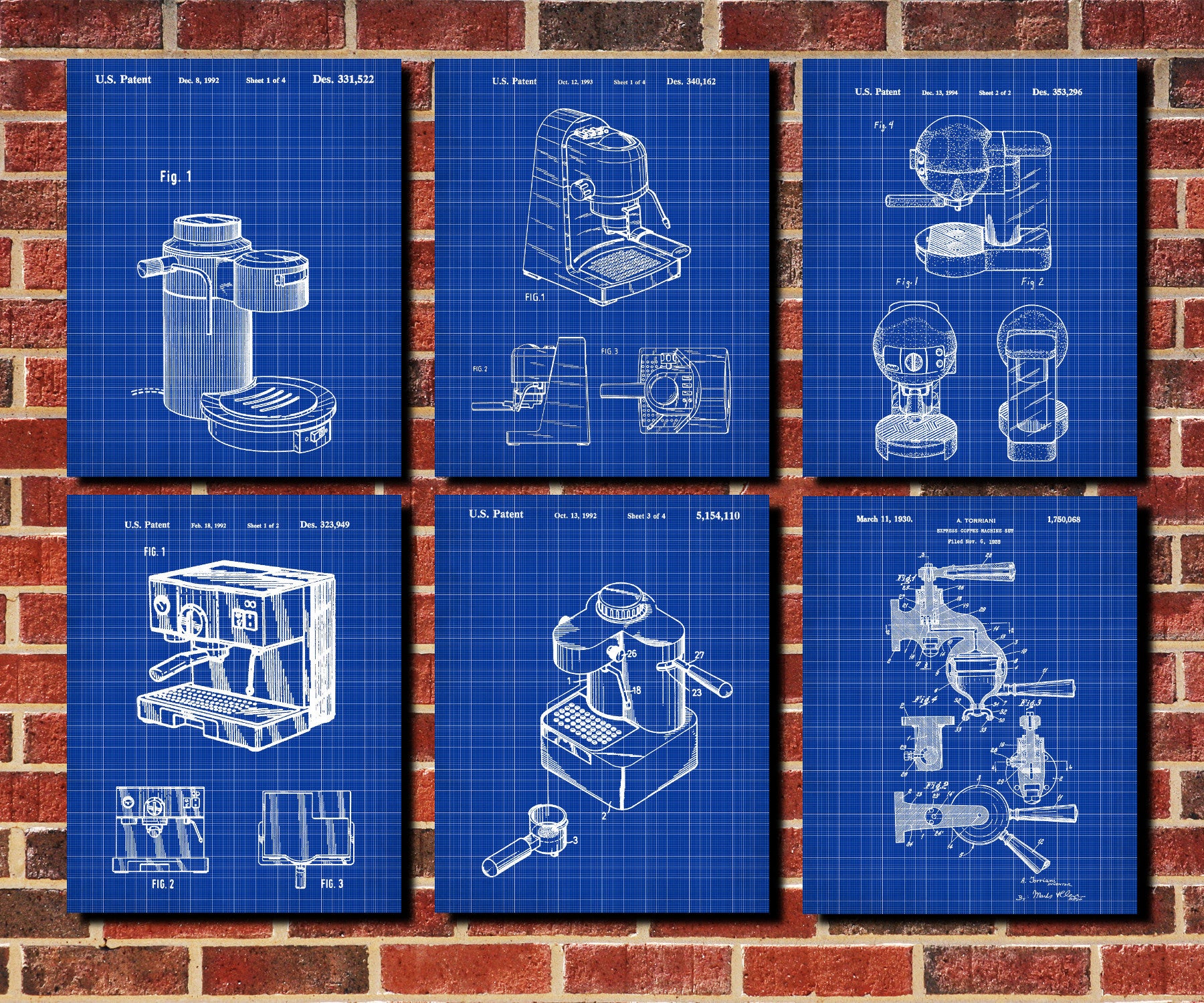Espresso Patent Prints Set 6 Coffee Posters Cafe Wall Art