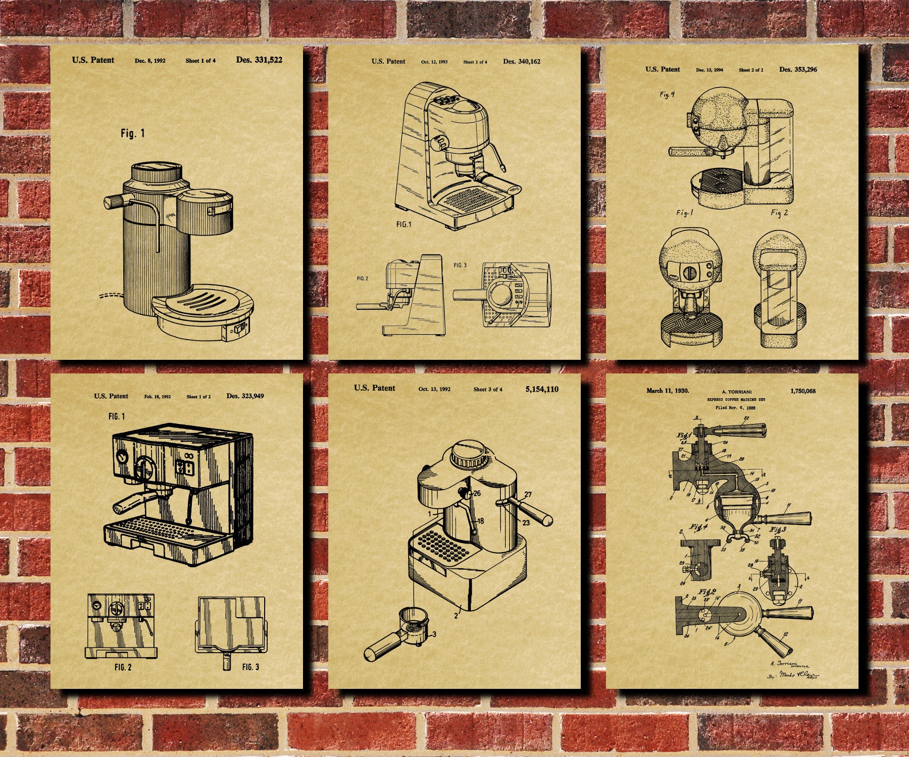 Espresso Patent Prints Set 6 Coffee Posters Cafe Wall Art