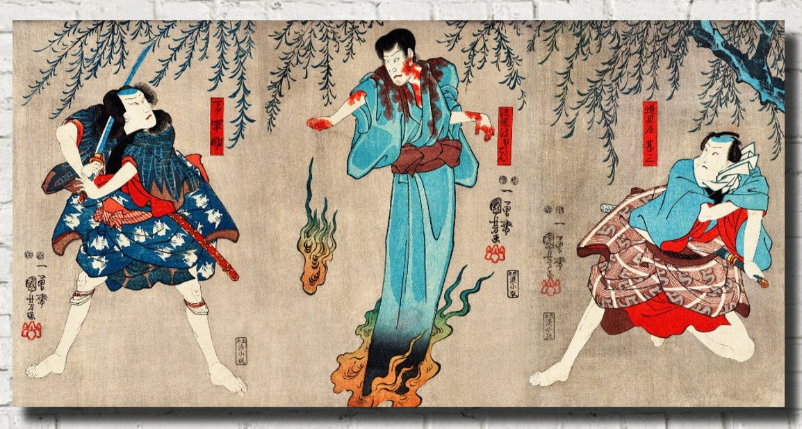 Warriors Battling Female Spirit Japanese Fine Art Print - GalleryThane.com
