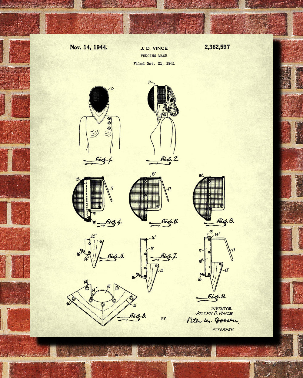 Fencing Patent Print Mask Blueprint Sports Poster