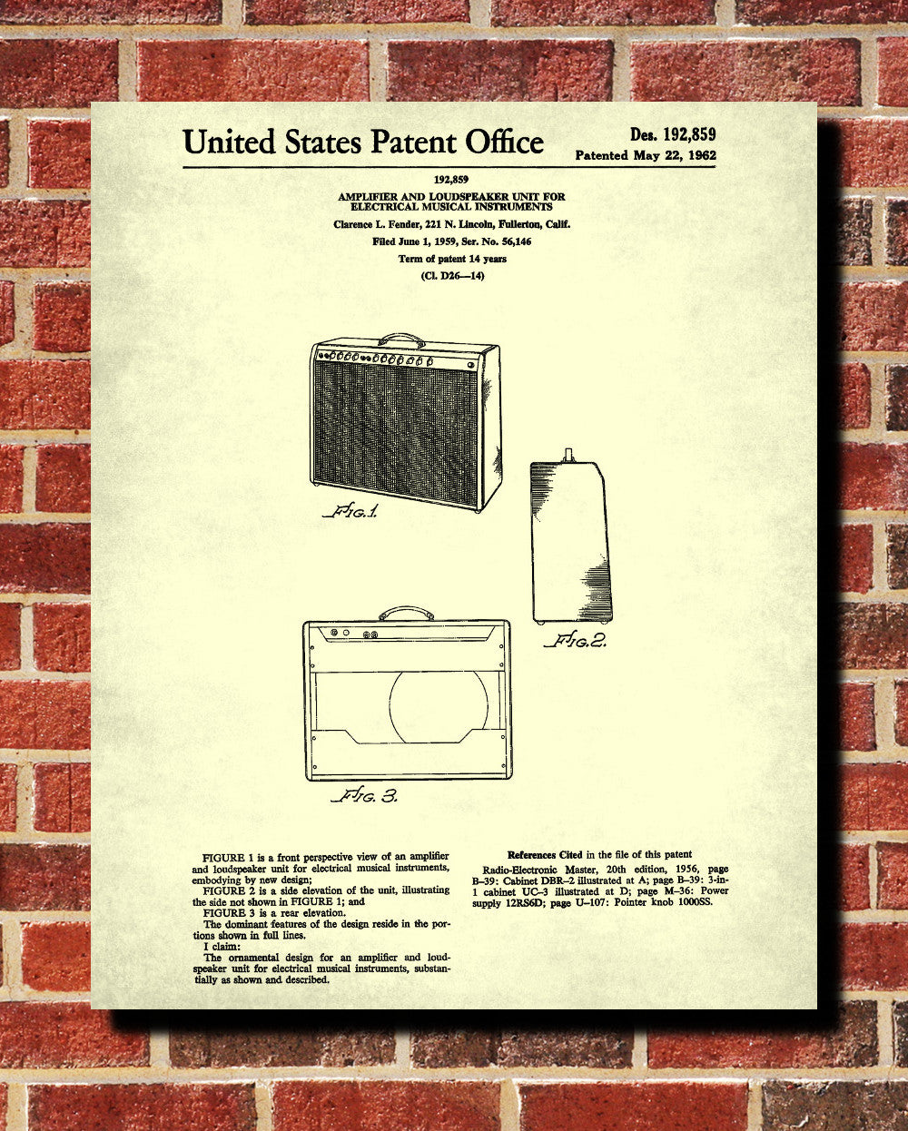 Fender Amp Patent Print Musical Instrument Blueprint Amplifier Poster