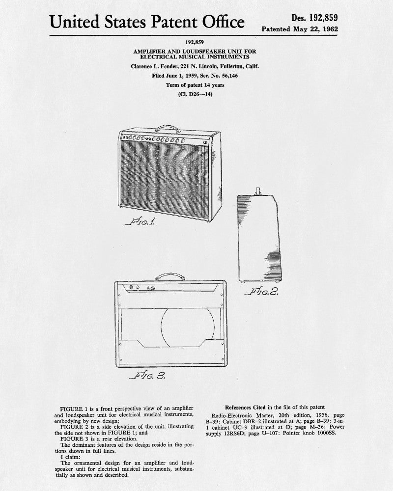 Fender Amp Patent Print Musical Instrument Blueprint Amplifier Poster